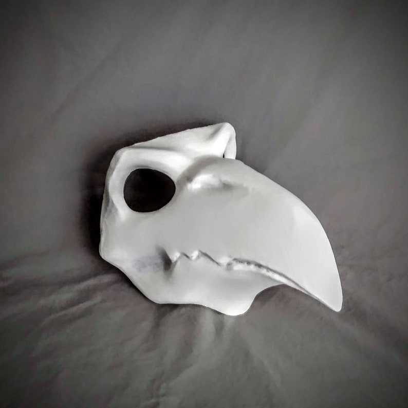 May include: White plastic mask with a bird beak and eye holes. The mask is designed to look like a skull.