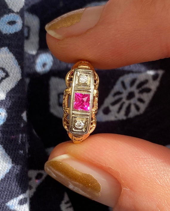 14ct Gold Ruby Diamond Trilogy Ring - Circa 1925 - image 3