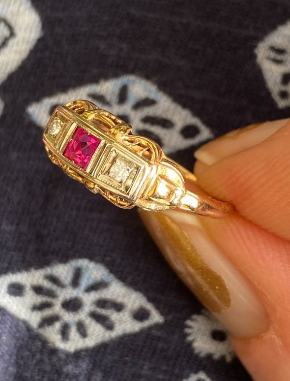 14ct Gold Ruby Diamond Trilogy Ring - Circa 1925 - image 4