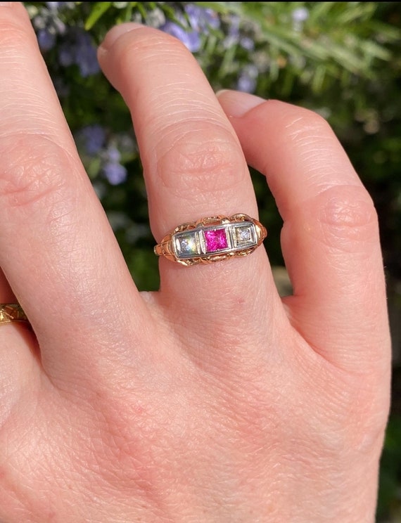 14ct Gold Ruby Diamond Trilogy Ring - Circa 1925 - image 10