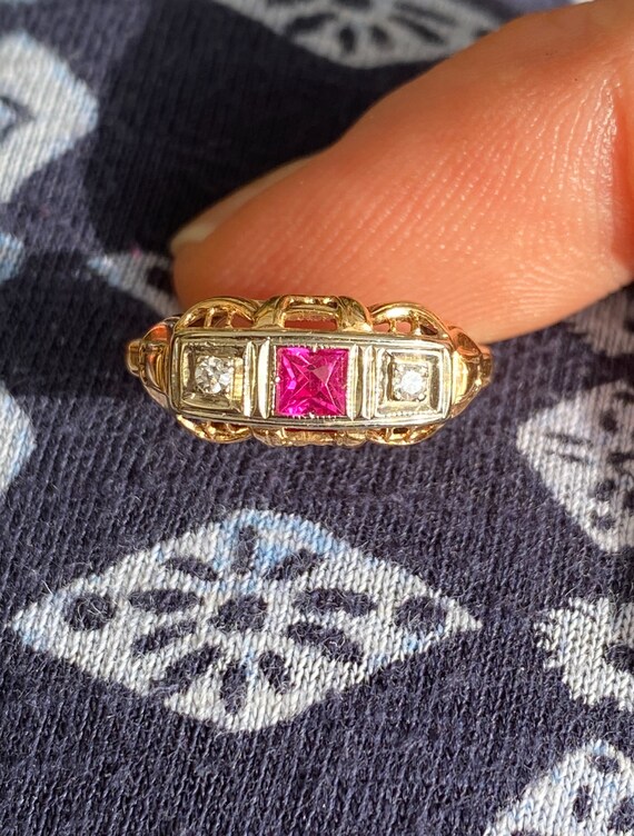 14ct Gold Ruby Diamond Trilogy Ring - Circa 1925 - image 2