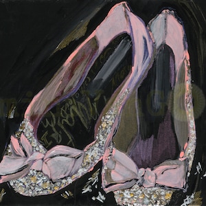 Twinkle Toes, Giclee prints of an original acrylic on black canvas of pink shoes