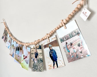 Guirlande de perles en bois avec clips, présentoir d'art pour enfants, présentoir de photos Polaroid, présentoir à clip photo pour chambre d'enfants, décoration de salle de jeux bohème