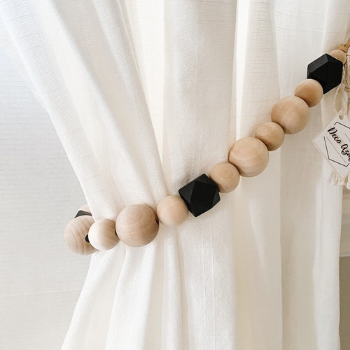 Boho Curtain Tie Backs With Wood Beads Etsy