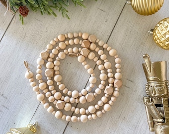 Handmade Wood Bead Christmas Garland, Holiday Mantel Decor
