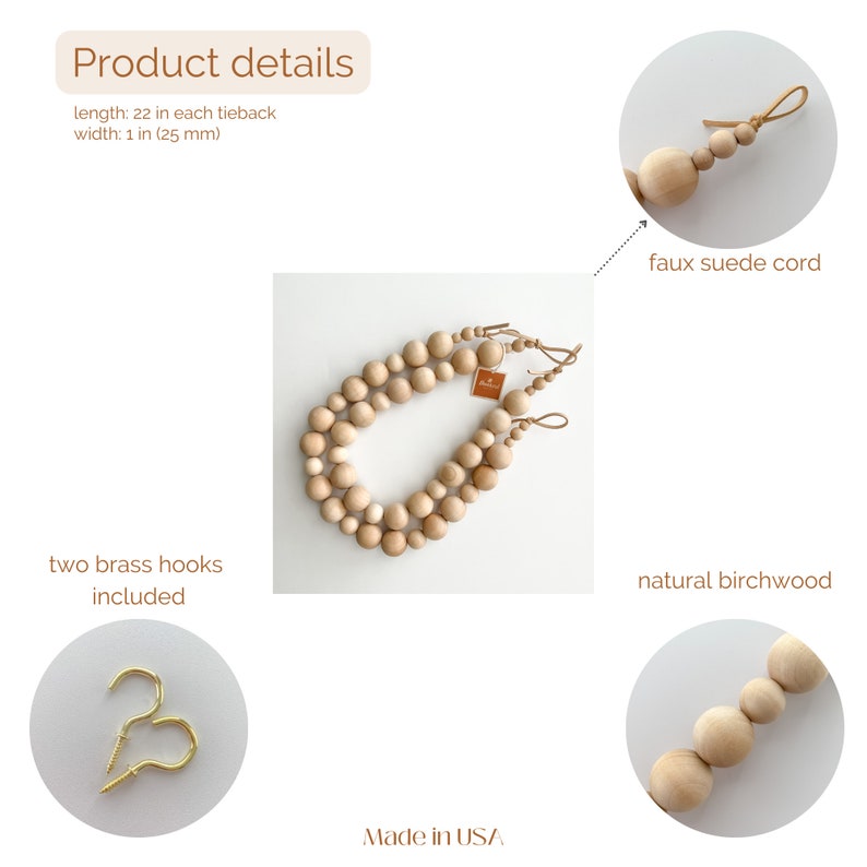 wood bead curtain tiebacks details