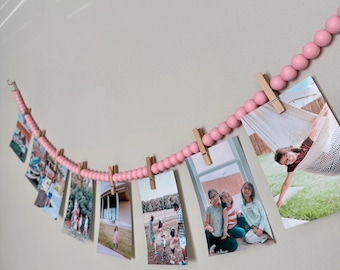 Pink Beaded Photo Garland, Kids Artwork Display, Nursery Decor, Birthday classroom display, Photo display, Clothespin photo display,