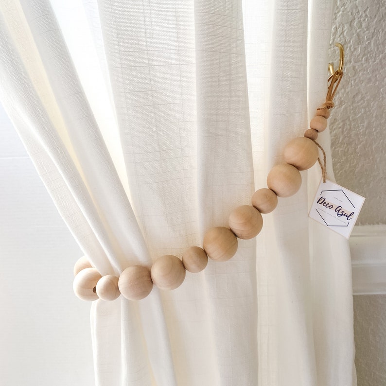 Two Curtain tie backs, Window Treatment, Wood bead curtain tiebacks, Boho decor, Natural drape tiebacks, curtain holdback (hooks included) 