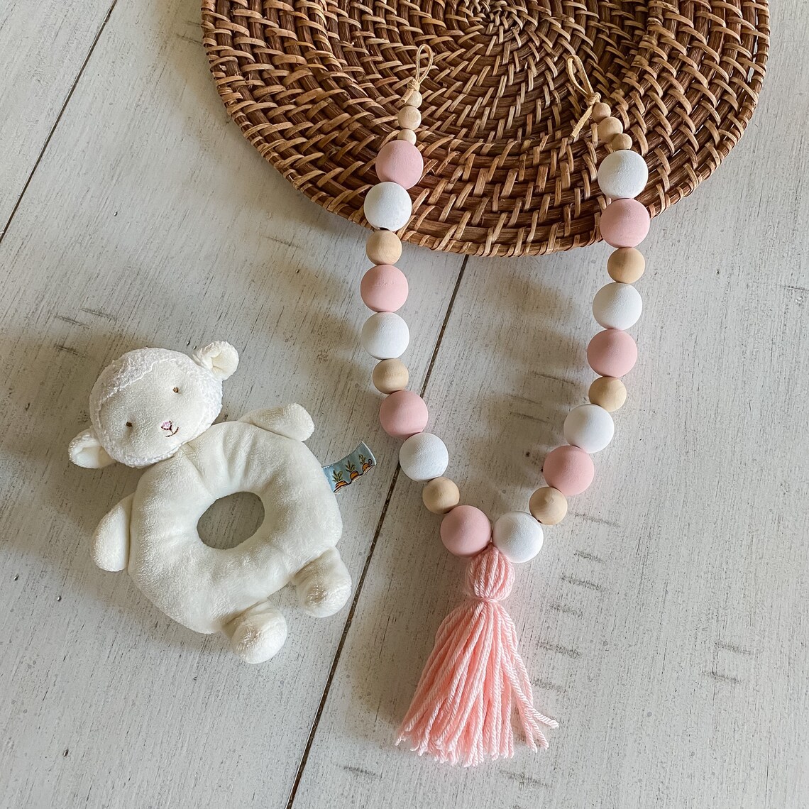 Pink White and Wood curtain tie backs Window Treatment Etsy