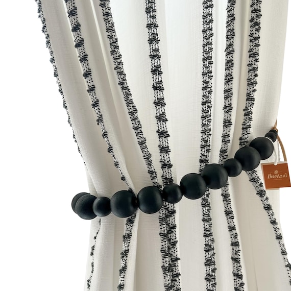 Black Beaded Curtain Tiebacks, Rustic Farmhouse Boho Decor, 22-inch