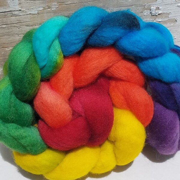 Rainbow-hand painted 23 micron Merino wool great for spinning, felting and weaving