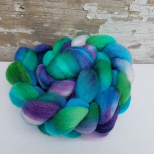 Kaleidescape-hand painted 23 micron Merino wool roving, great for spinning, felting and weaving