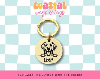 May include: Gold dog tag with a black silhouette of a Labrador Retriever peeking over the top. The tag is engraved with the name "Libby" and has a gold key ring attached.