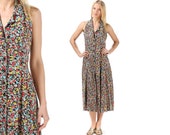 Halter Sun Dress 70s Boho Midi Multi Strap Back 1970s Floral Bohemian High Waist Hippie Vintage Sundress Button Up Black Red Yellow Med