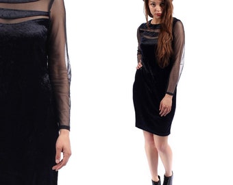 Vintage 80/'s black velvet sheath dressPullover V-neck long-sleeve velvet dressShort neon and shimmery embroidery velvet dressSize 14 US