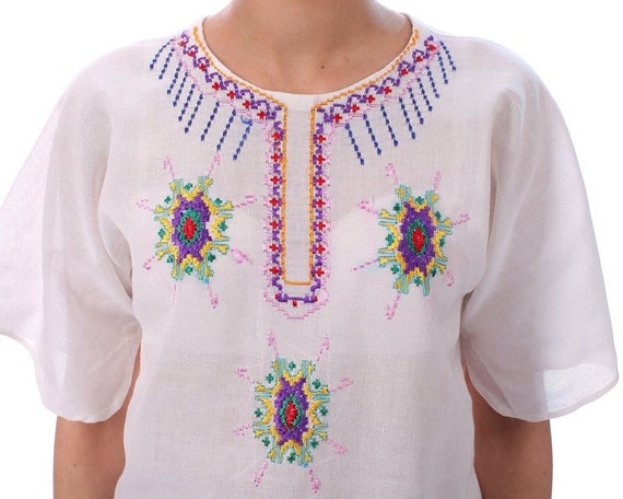 Hand Embroidered Blouse 60s White Gauze Shirt Gauz