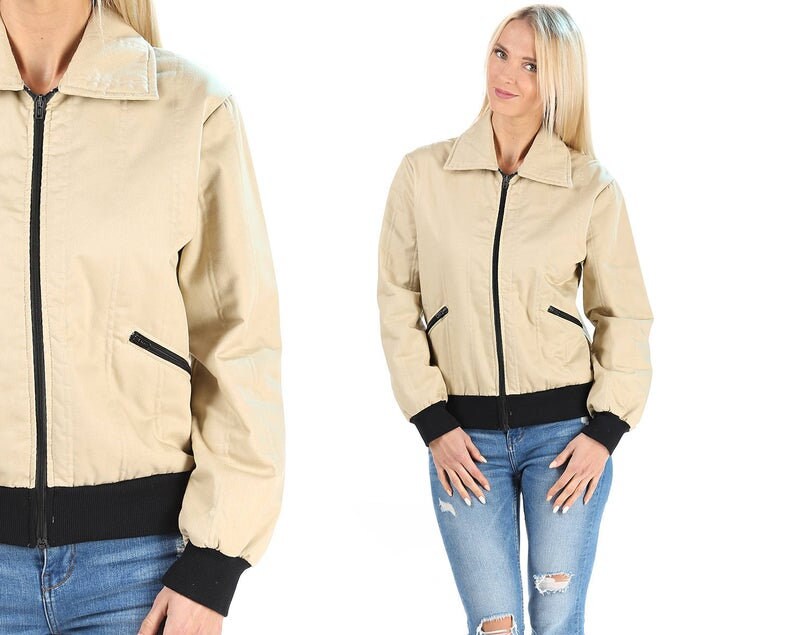 Vintage Bomber Jacket 70s Beige Quilted Retro Puffy Jacket Insulated Zip Up Hipster Soft Cotton Winter Short Blazer Coat Vintage Puff M