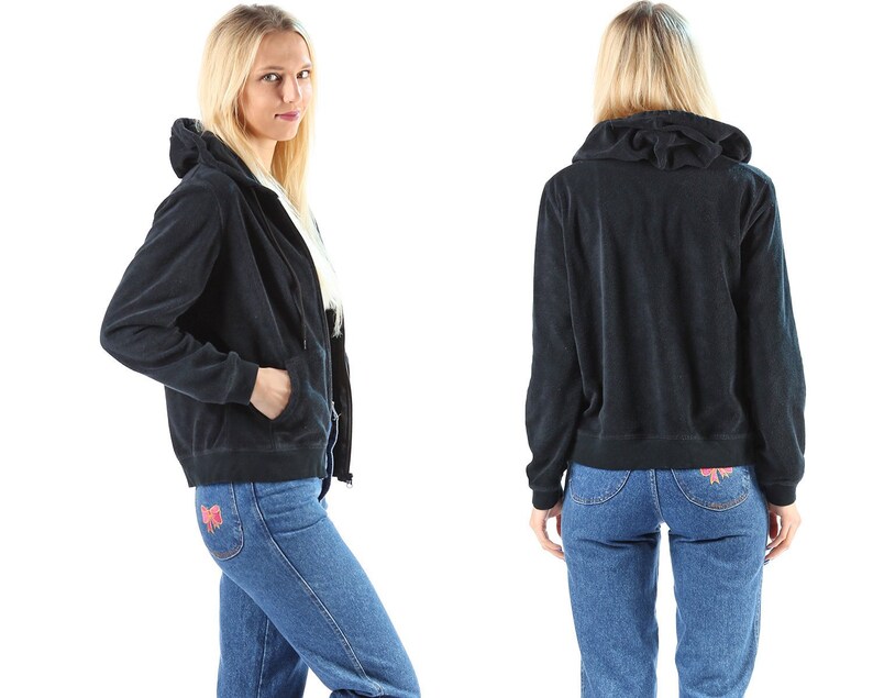Tommy Hilfiger Hoodie Jacket 90s Fleece Hoodie Black Bomber Track Jacket Hilfiger Logo Vintage Zip Up Street Sport Unisex size Small