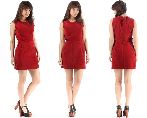 Red Leather Dress Mini Dress 70s Suede Dress Hippi