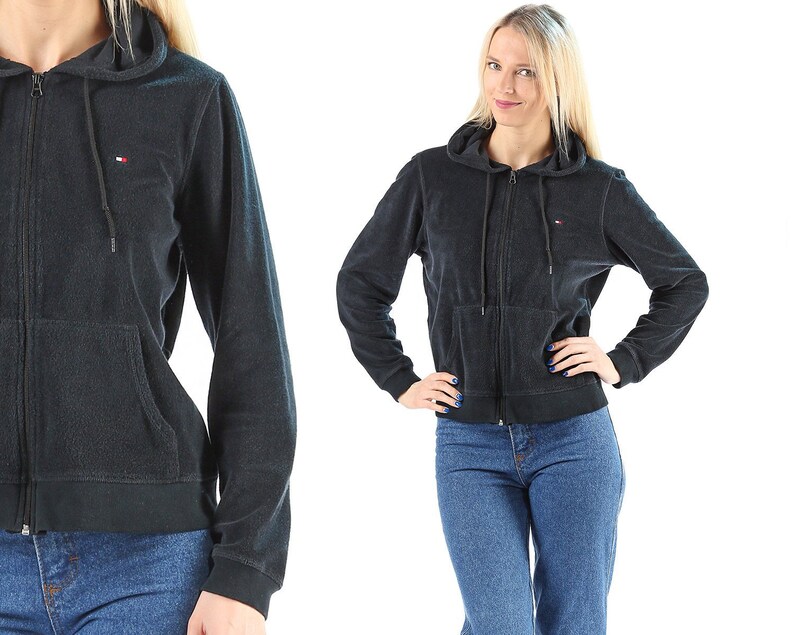 Tommy Hilfiger Hoodie Jacket 90s Fleece Hoodie Black Bomber Track Jacket Hilfiger Logo Vintage Zip Up Street Sport Unisex size Small