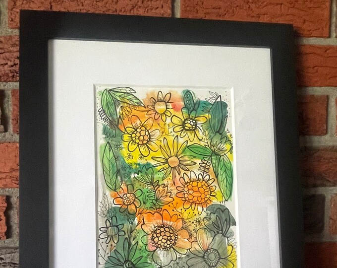 Head in the Sun, from the 'Garden Poetry'Collection, original watercolor and ink 7"x10" matted in 11"x14" black wood frame