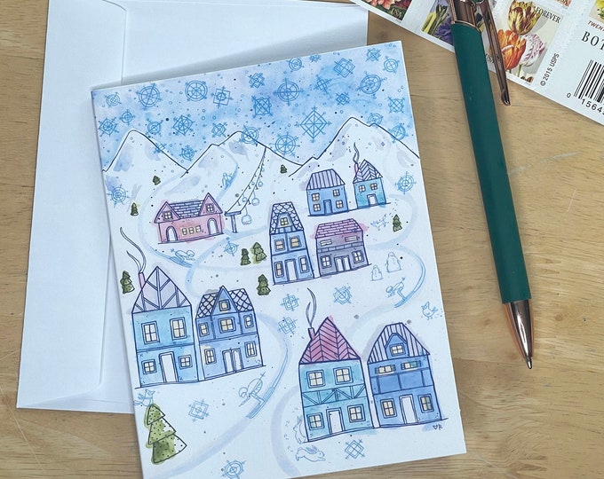 Winter Town Notecards Set, 5 blank cards with envelopes, hostess gift, gift for skier, thank you notes, watercolor design