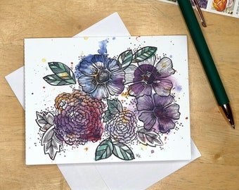 Lavender Bouquet Notecards Set, 5 blank cards with envelopes, hostess gift, gift for new homeowner, thank you notes, watercolor and ink