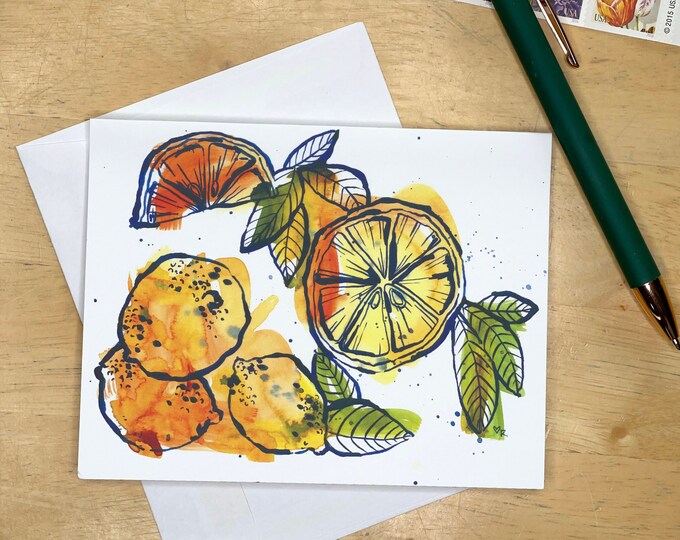 Always Lemons Notecards Set, 5 blank cards with envelopes, hostess gift, gift for new homeowner, gift for the chef, watercolor and ink