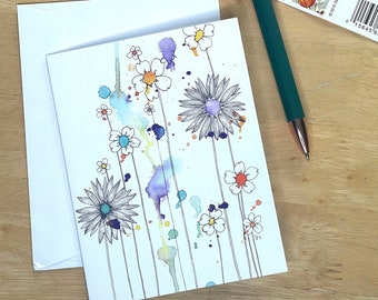 Among the Flowers Notecards Set, 5 blank cards with envelopes, hostess gift, gift for gardener, watercolor and ink