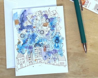 Lovely Town Notecards Set, 5 blank cards with envelopes, hostess gift, gift for new homeowner, watercolor and ink