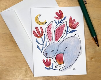 Moon Rabbit Notecards Set, 5 blank cards with envelopes, hostess gift, thank you notes, gift for gardener