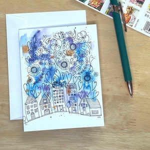 Lovely Town Notecards Set, 5 tarjetas en blanco con sobres, regalo de anfitriona, regalo para nuevo propietario, acuarela y tinta