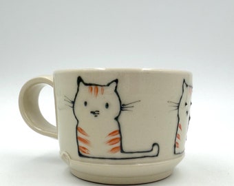 Pink Striped Kitty Cat Cocoa Cup, handmade mug, gift for cat lover