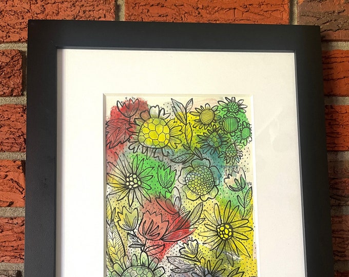 Let the Rain Kiss You, from the 'Garden Poetry'Collection, original watercolor and ink 7"x10" matted in 11"x14" black wood frame
