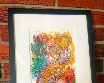 PREVIEW 'Garden Poetry' Collection, original watercolor and ink painting 7"x10",  matted in 11"x14" black wood frame