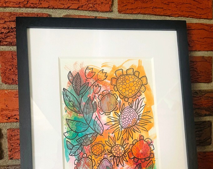 Sun-Glazed, from the 'Garden Poetry' Collection, original watercolor and ink painting 7"x10",  matted in 11"x14" black wood frame