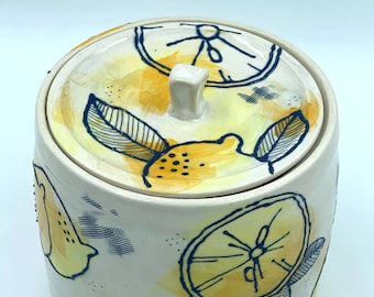 Lemon Love Lidded Canister handpainted functional pottery original design orange yellow navy happy morning ceramic kitchen decor