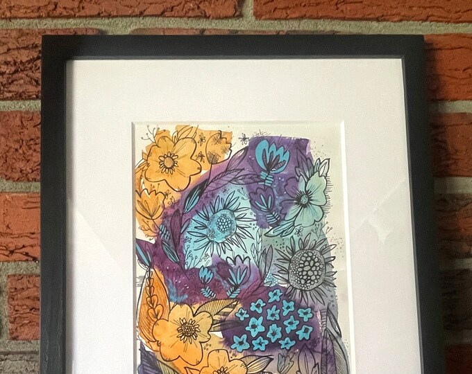 Feed the Soul, from the 'Garden Poetry'  Collection, original watercolor and ink 7"x10" matted in 11"x14" black wood frame