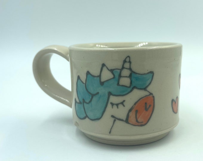 Unicorn Cocoa Cup, small aqua and white children's cup, hot chocolate mug, toddler cup