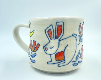 Moon Rabbit and the Wild Tulips Handmade Pottery Mug, gift for the rabbit lover