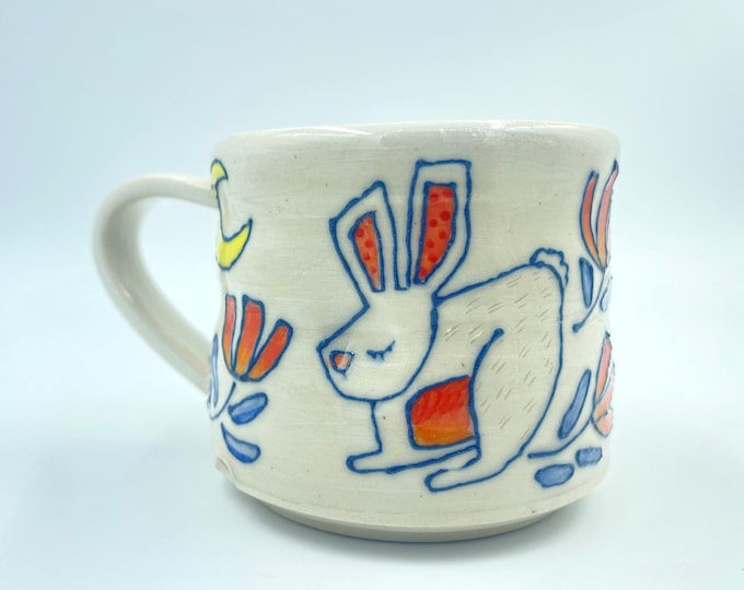Moon Rabbit and the Wild Tulips Handmade Pottery Mug, gift for the rabbit lover, gift for flower gardener, tulip lover