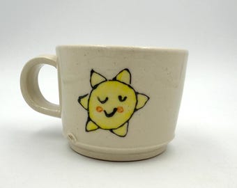 Handmade Sunshine Cocoa Mug, Kid Friendly Ceramic Cup, Turquoise Interior