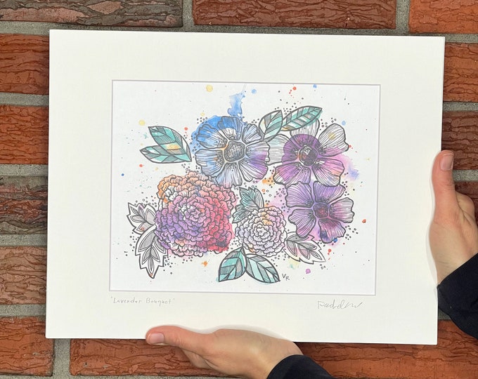 Lavendar Bouquet Watercolor & Ink Art Print, gift for purple lover, gift for gardener