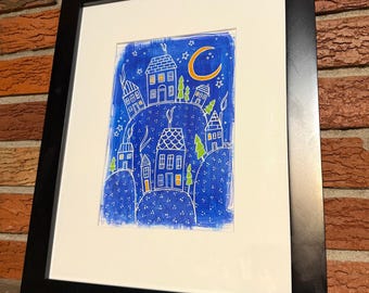 Night Mountain Town Painting, Original Watercolor Gouache, Framed Art