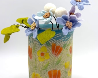 Trailside Cylinder Vase #2, Yellow and Orange Flowers with Matte Finish, Handmade Ceramic Vase