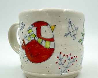 Winter Cardinal with Pine and Holly Berries, Handmade Ceramic Mug