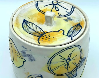 Lidded Canister, Lemon Love design, handmade pottery