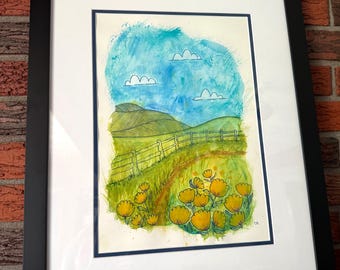 Pause on the Path, Original Framed Watercolor & Gouache Painting 10"x14"