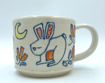 Moon Rabbit and the Wild Tulips, Handmade Pottery Mug