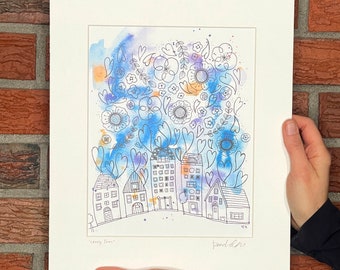 Lovely Town Watercolor & Ink Art Print, gift for neighbor, hostess gift, gift for the newlywed